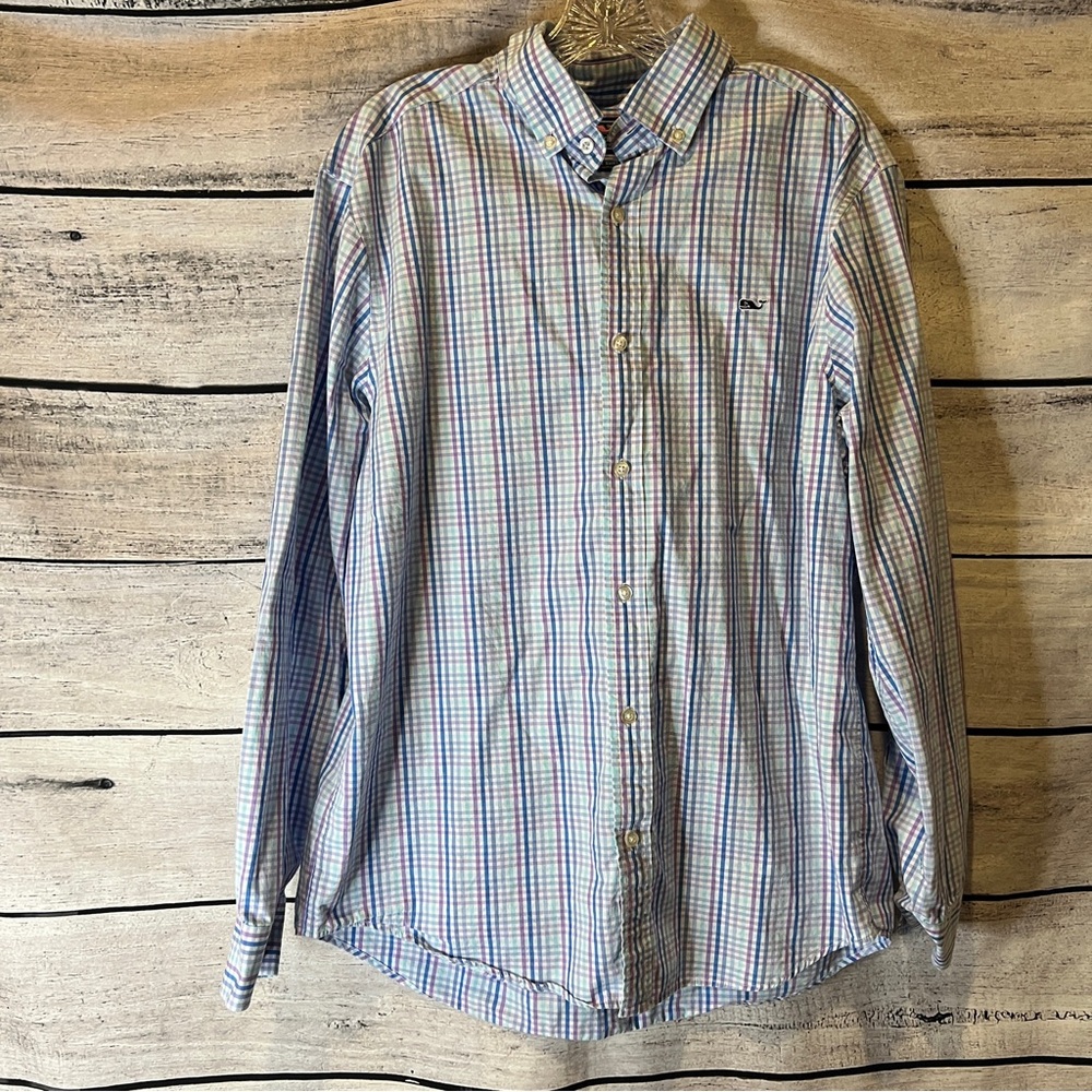 Vineyard Vines Blue Purple White Plaid Button Down Whale Shirt Cotton Preppy - Picture 2 of 7